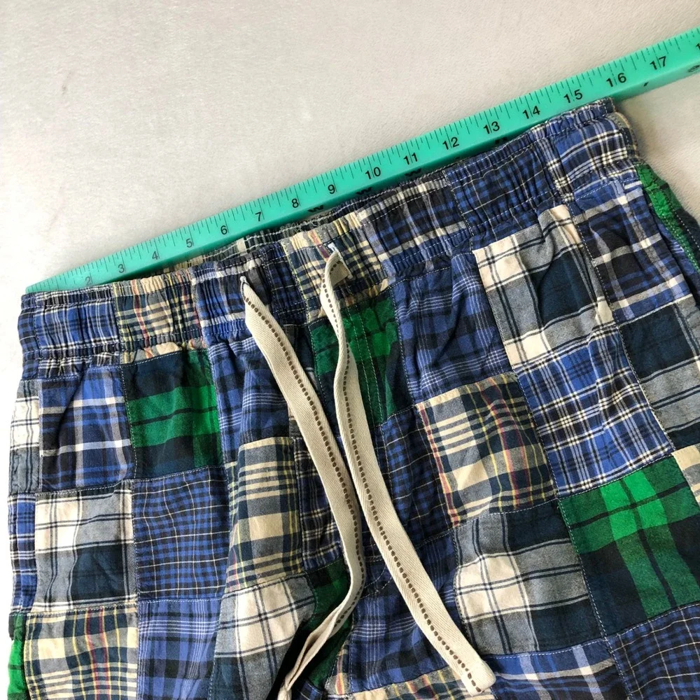 American Eagle Dorm Patchwork Plaid Shorts Mens Medium Blue Madras Longer Length